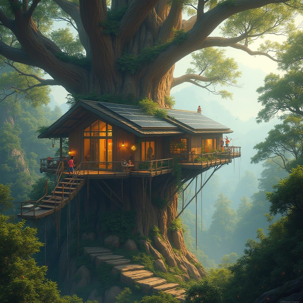 Solarpunk Treehouse Village in a Giant Sequoia