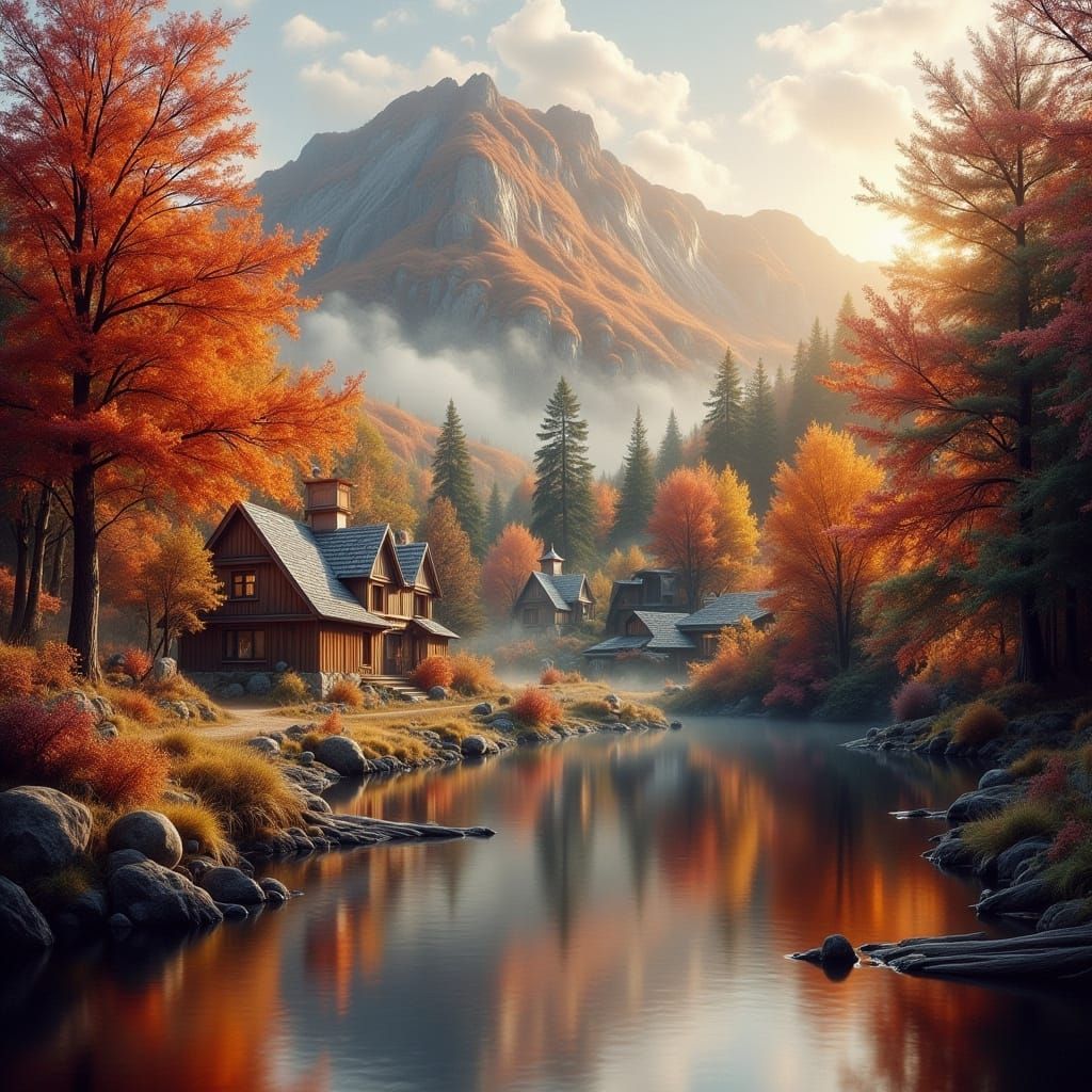 Autumn Village by Orange Mountain and Lake in Painterly Styl...