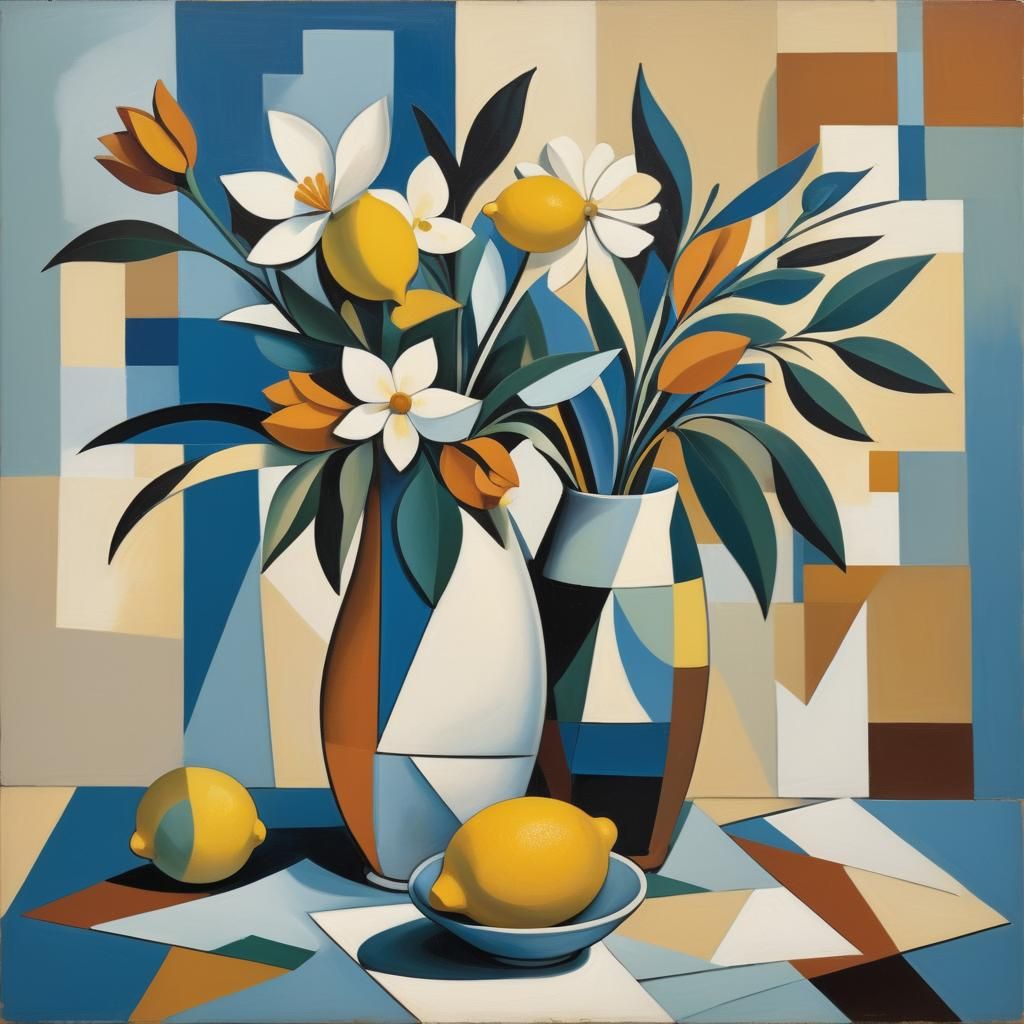 Cubist Lemon and Flower Still Life