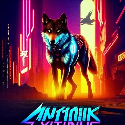 Mystical Wolf in a Cyberpunk Village with Neon Lighting
