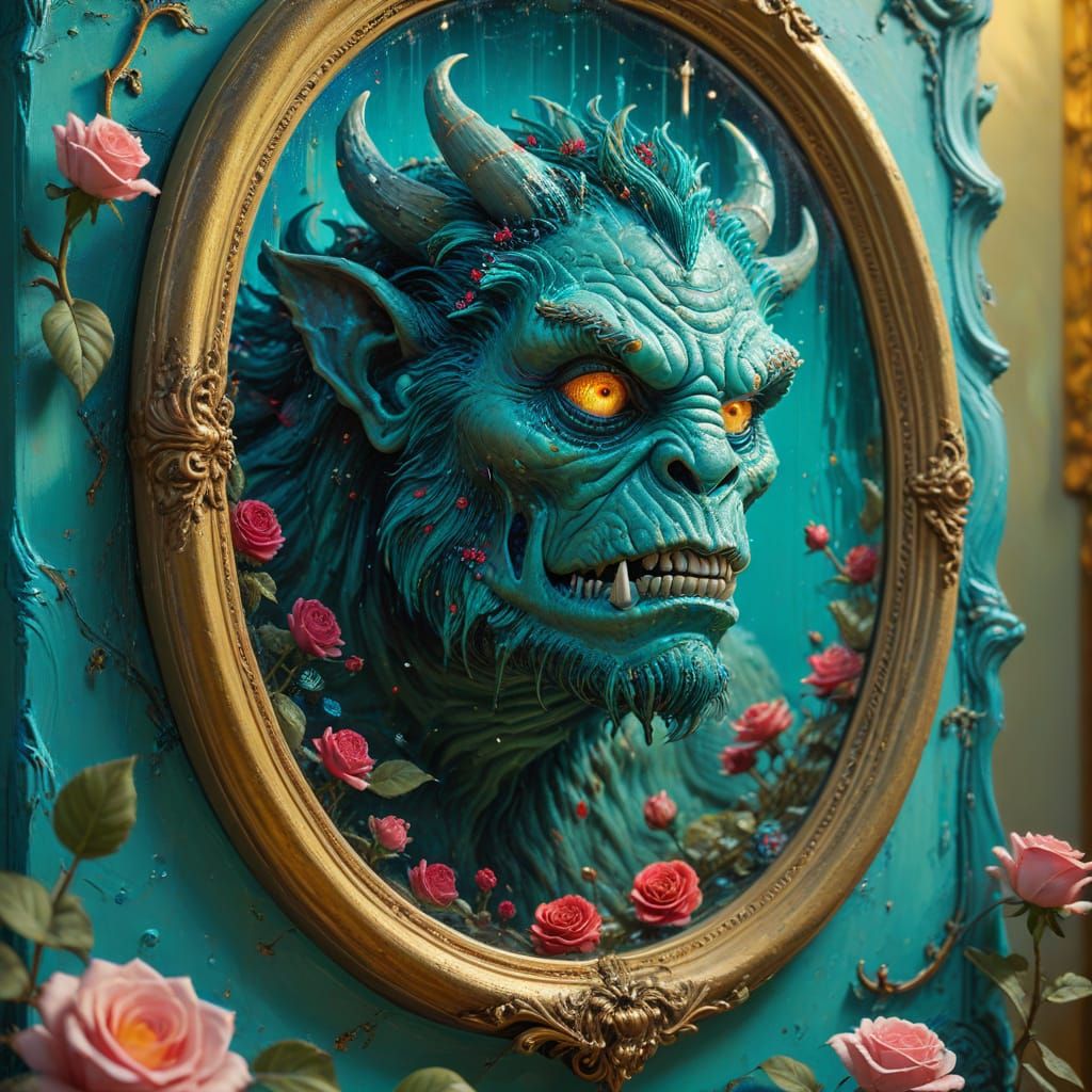 Monster in Rose Room with Magic Mirror, Impressionist Oil Pa...
