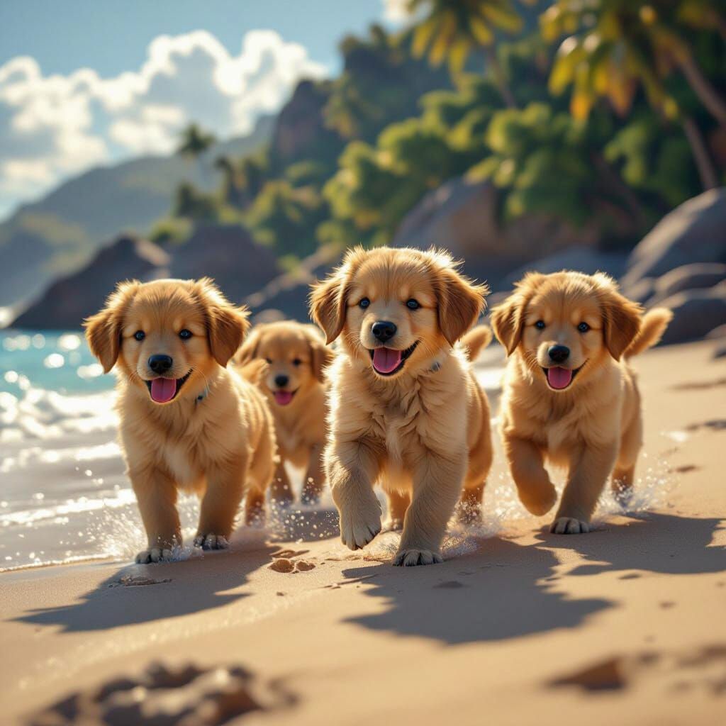 Playful Golden Retriever Puppies on a Sunlit Beach