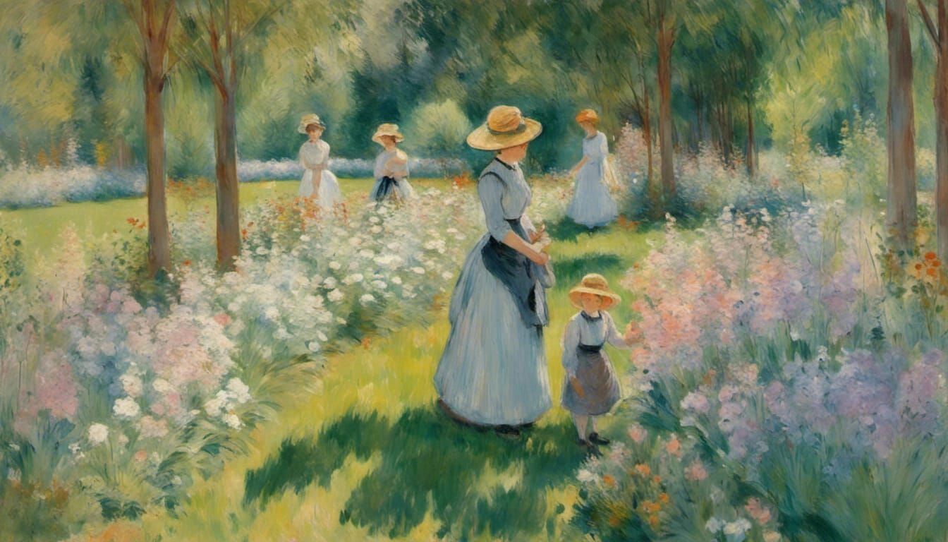 Impressionist Mother and Daughter in Flower Garden