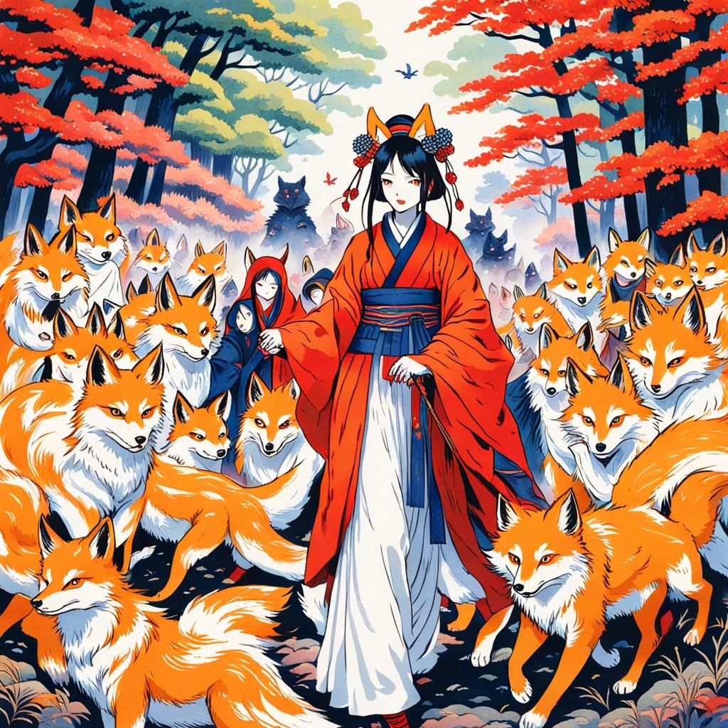Kitsune Leading a Demon Procession in Forest