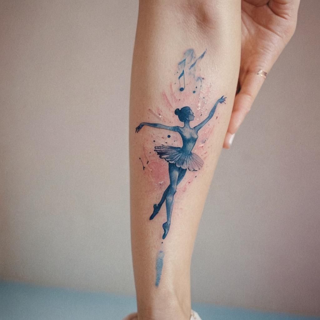 Musical Ballerina Tattoo in Dreamy Pastel Colors