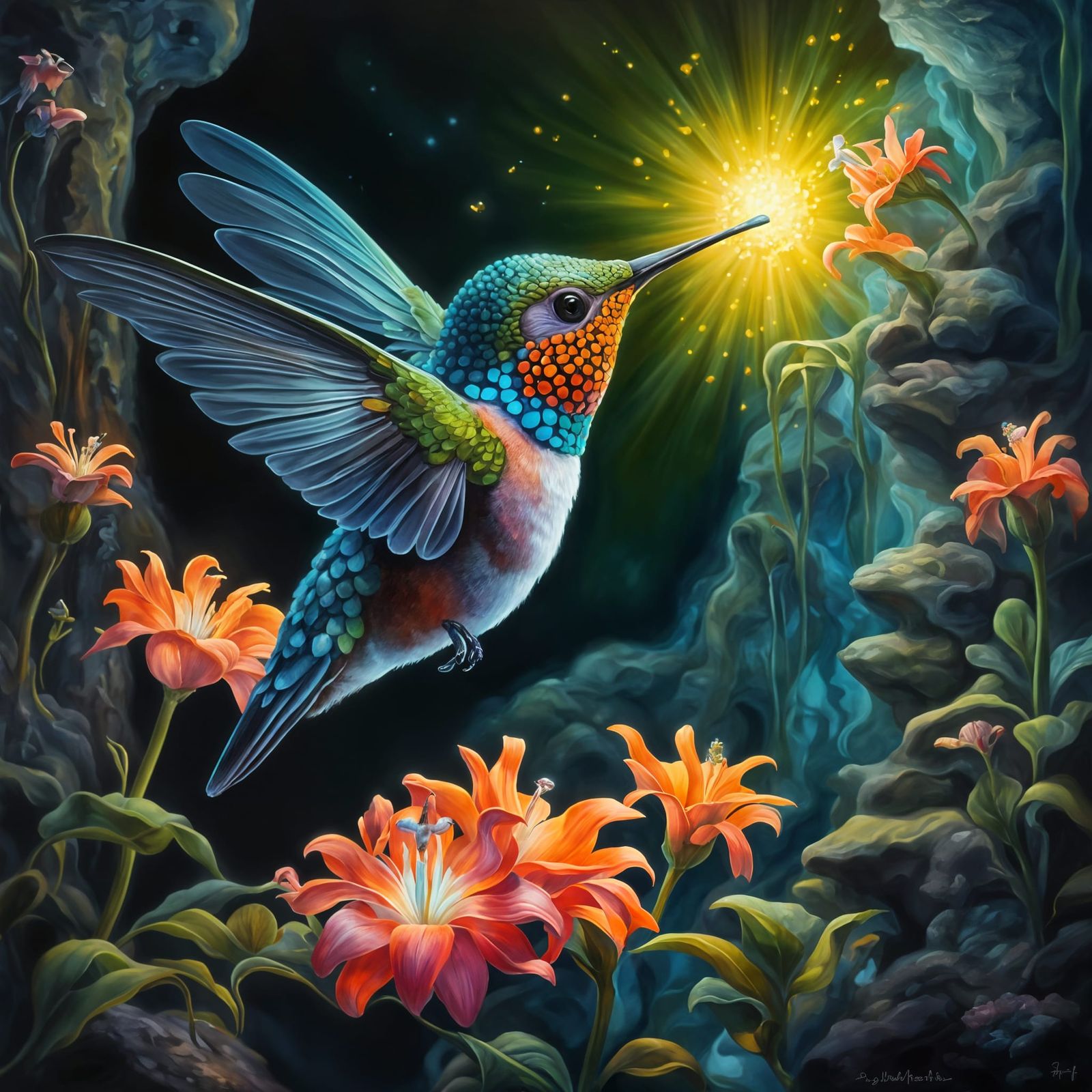 Clockwork Hummingbird Sips Nectar: Surreal Oil Painting