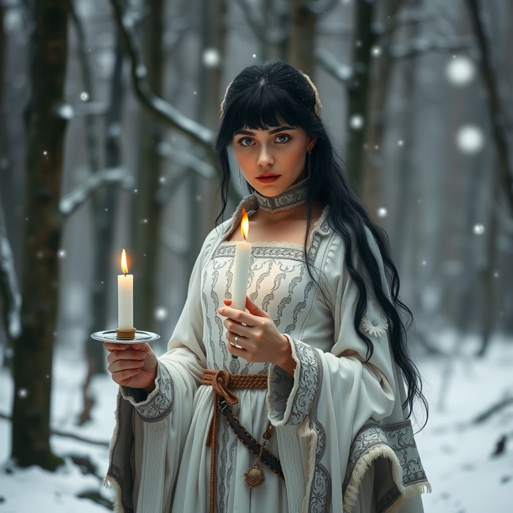 Woman Warrior in Snowy Forest, Hyperrealistic Digital Art