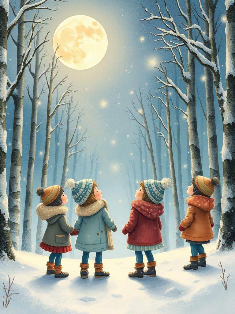 Dreamy Winter Wonderland Scene in Whimsical Storybook Style