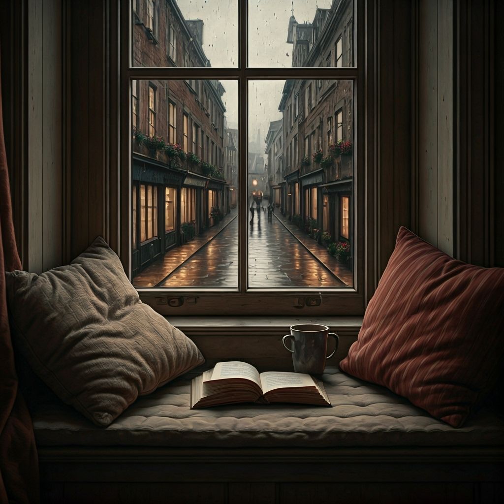 Cozy Window Seat on Rainy Twilight Street