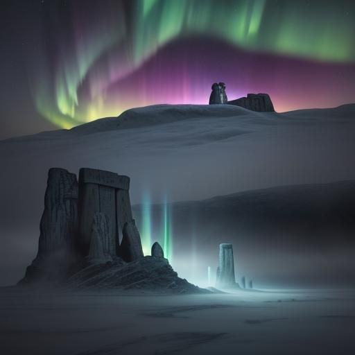Aurora Borealis over Icy Stonehenge in Oil Painting