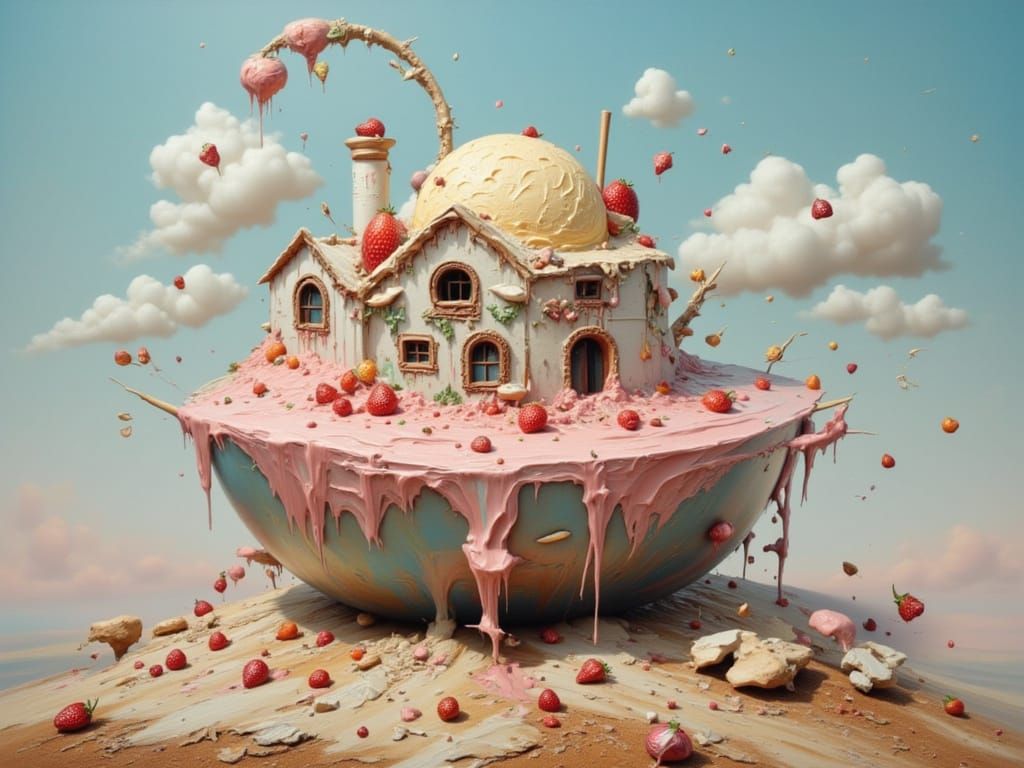 Surreal Strawberry Ice Cream House in Dreamlike Style