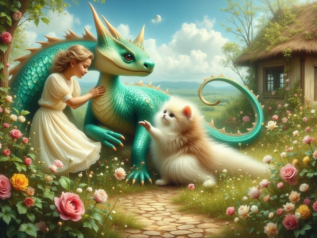Girl, Dragon, and Kitten in Flower Garden