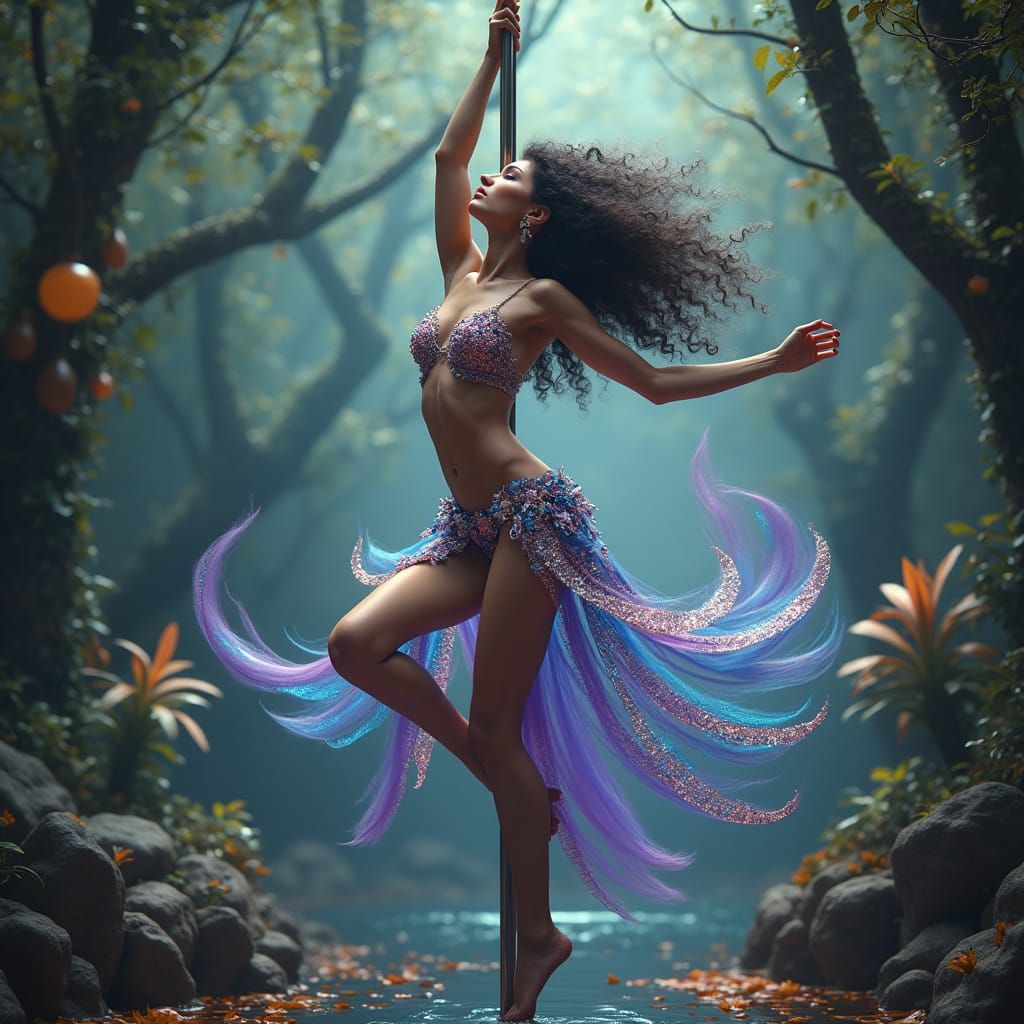 Enchanted Pole Dance in a Whimsical, Dreamlike Setting