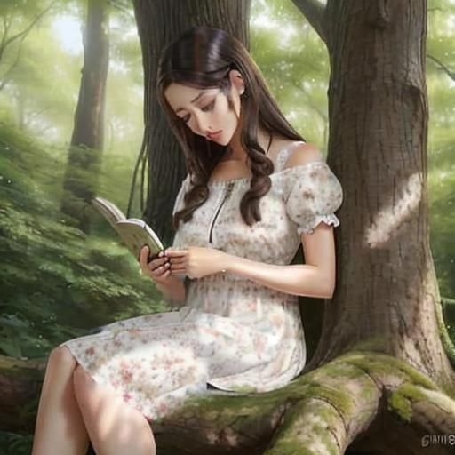 Brunette in Floral Dress Under Tree, Digital Illustration