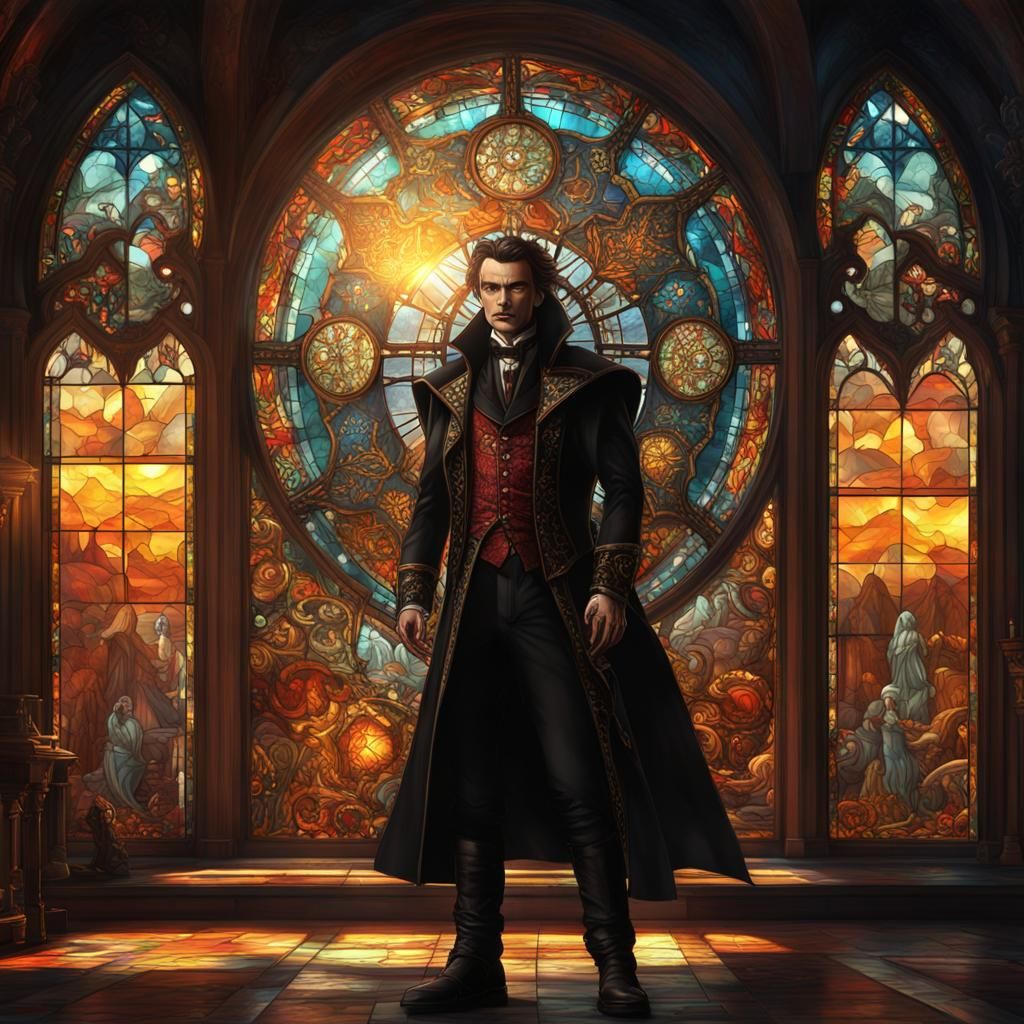 Steampunk Vampire in Front of Stained Glass Window