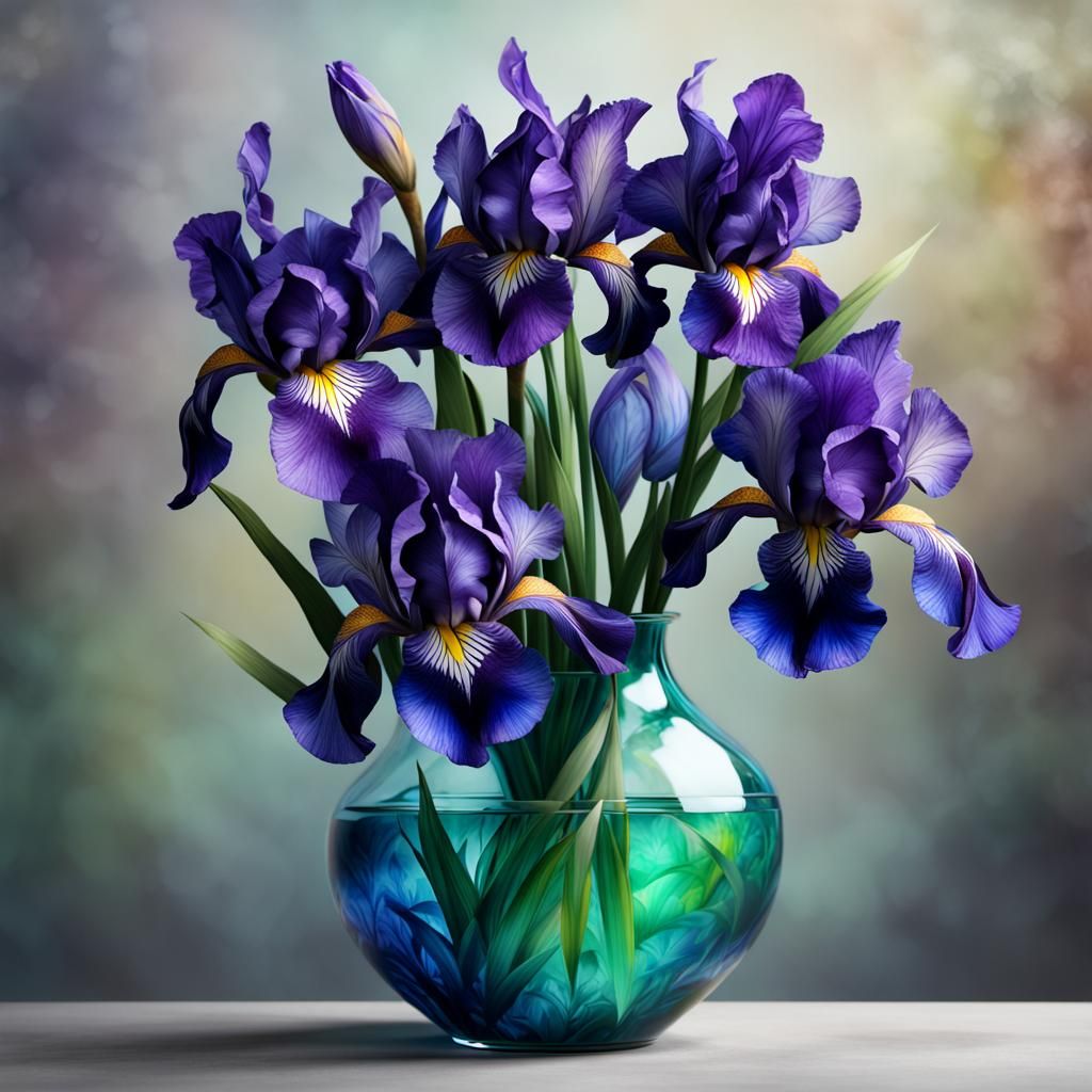 Irises in Vase: Alcohol Ink Style Close-Up
