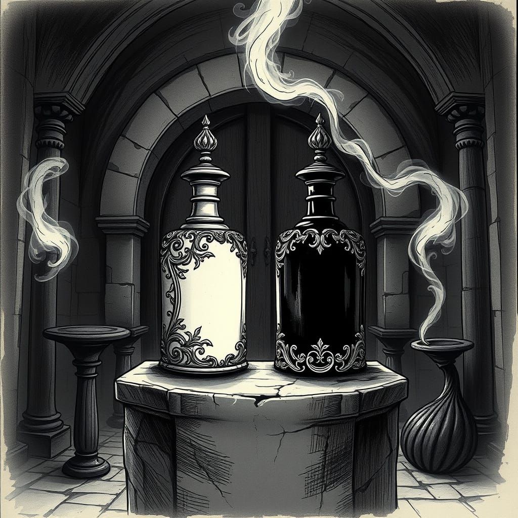 Ethereal Ink Bottles in a Mystical Chamber