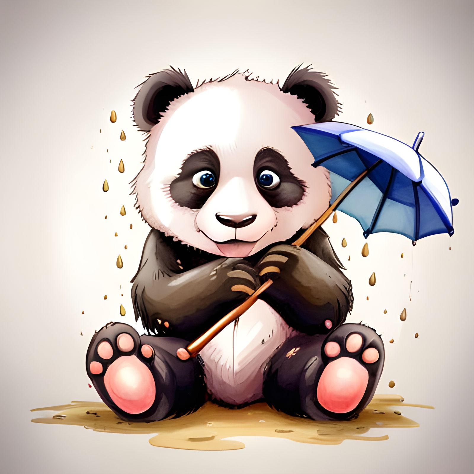 Baby Panda with Umbrella Watercolor Illustration