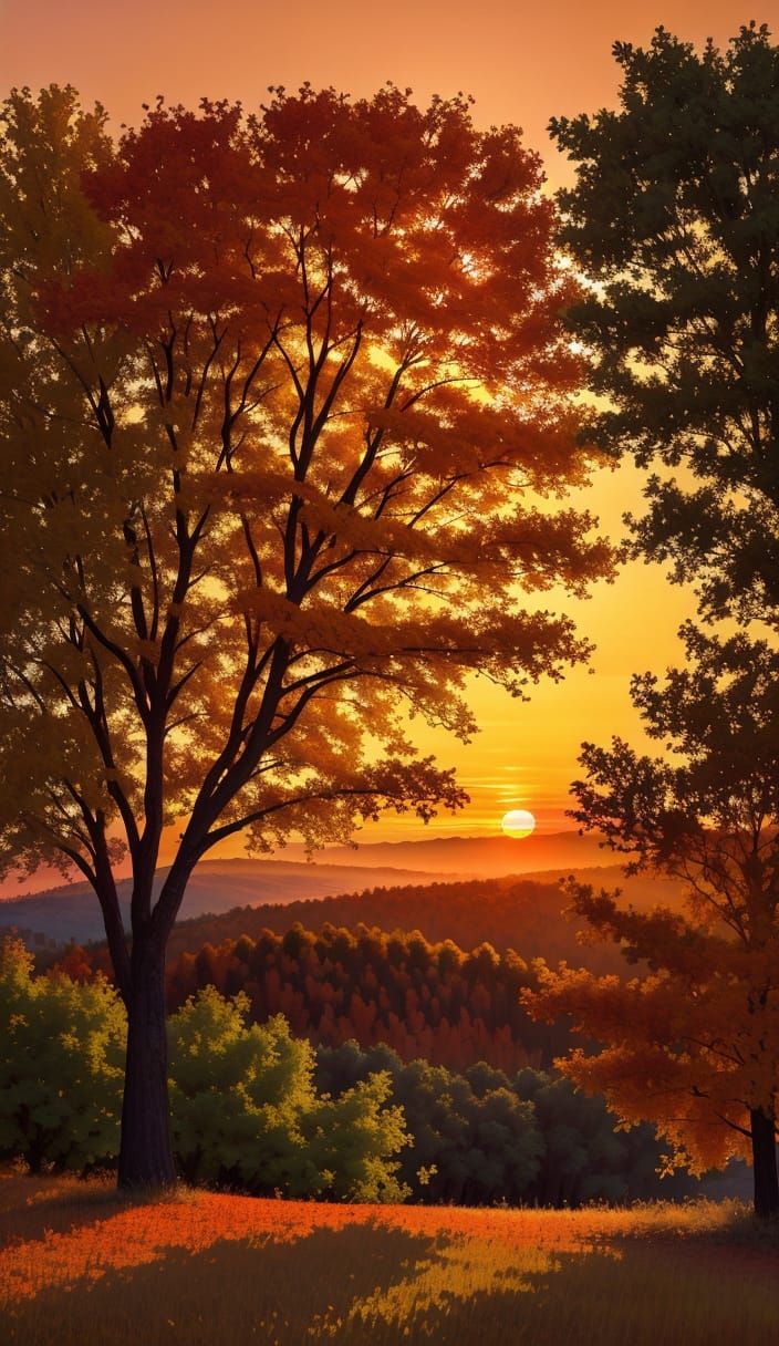 Impressionist Sunset Painting: Tree on Hill