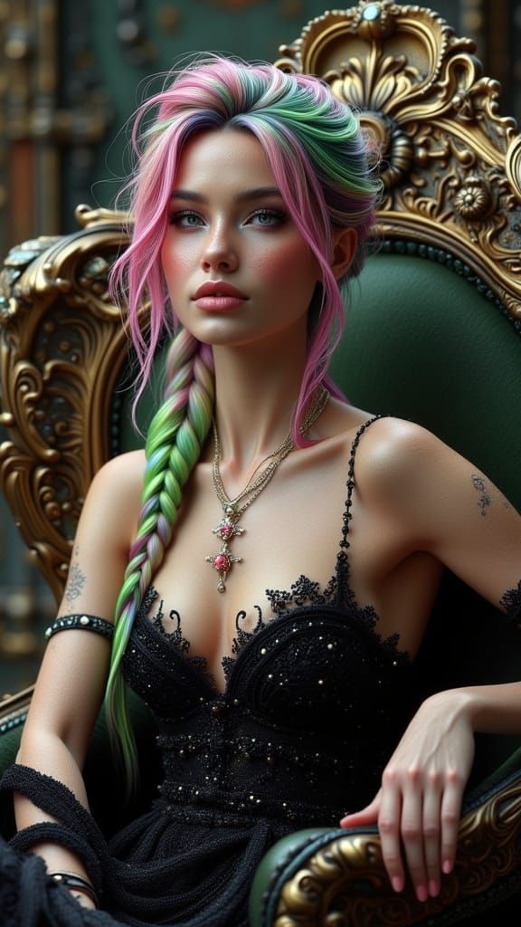 Mitsuri Kanroji on Throne in Alphonse Mucha Style