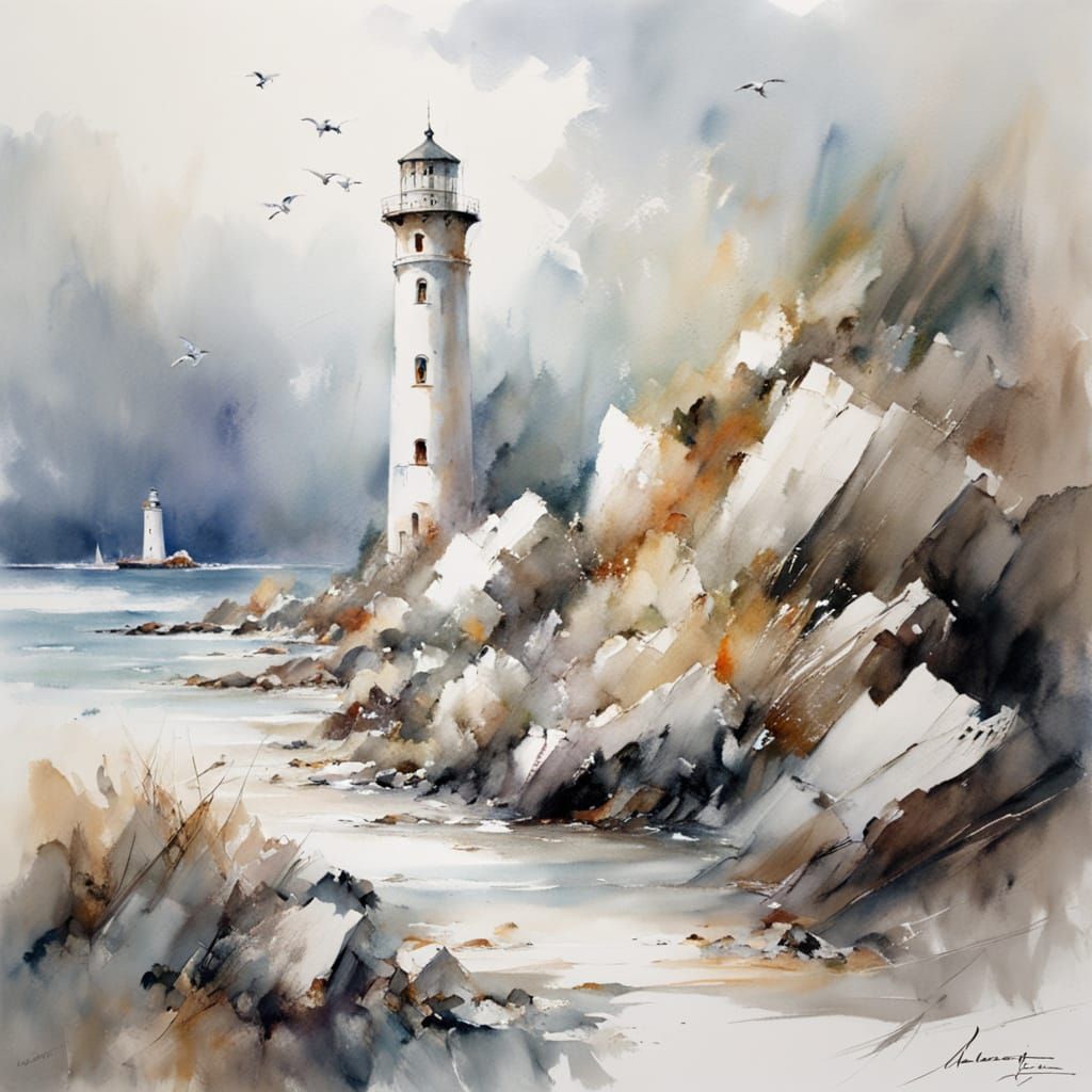 Stoat at Ruined Lighthouse: Windswept Watercolour Art