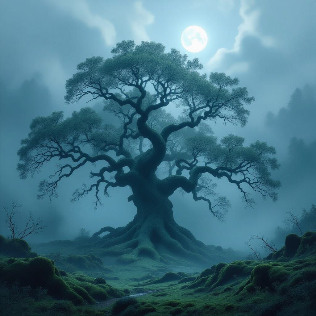 Ancient Oak in Misty Forest Under Moonlight
