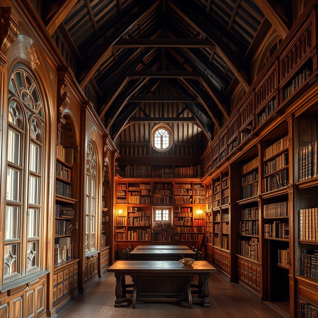 Medieval Monastery Library in Warm Candlelight