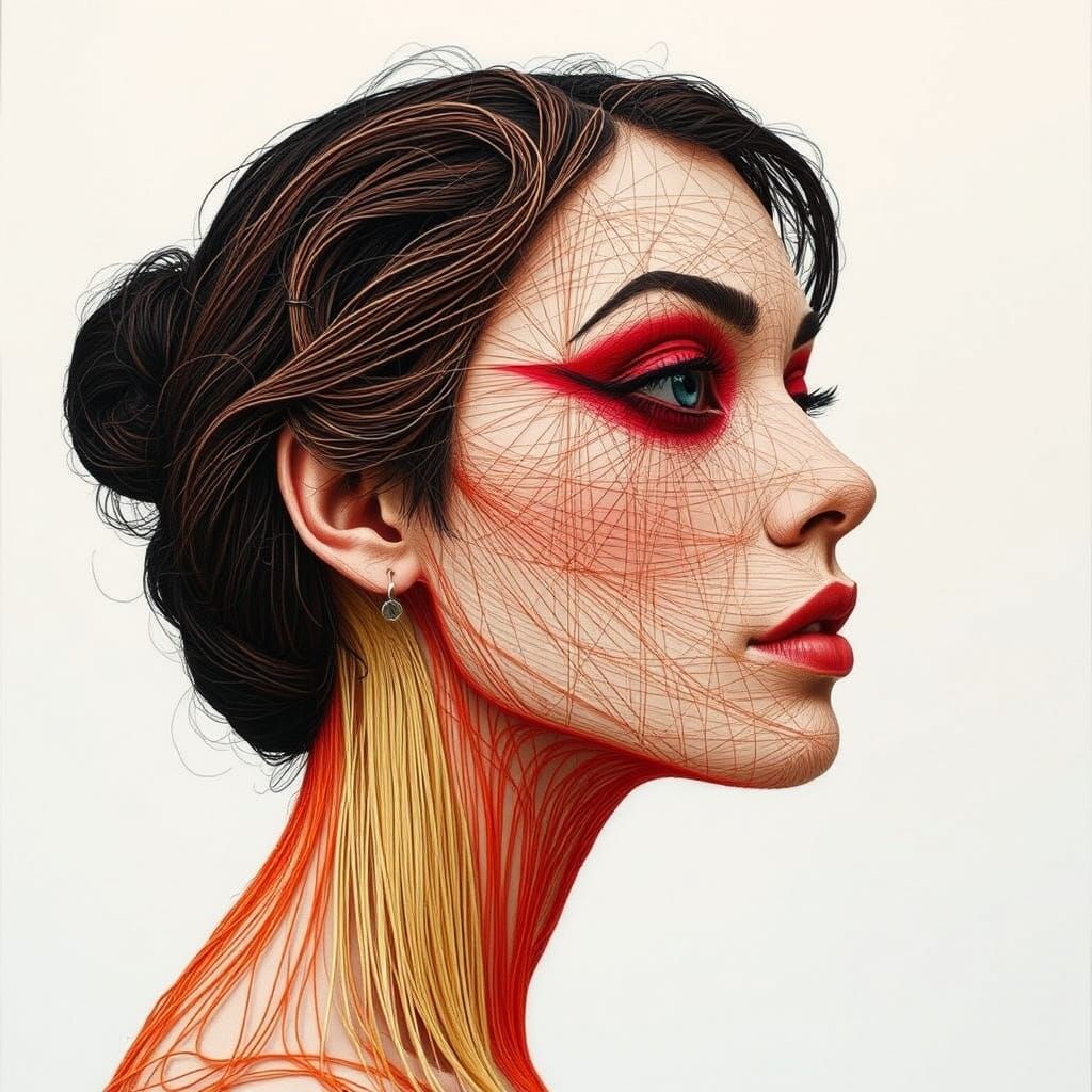 Woman's Face in Vibrant Tapestry Portrait