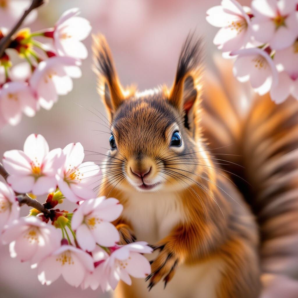 Red Squirrel Peeking Through Cherry Blossoms