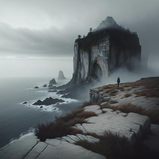 Lonely Man on Cliff Edge in Watercolor Style