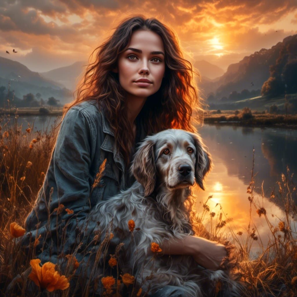 Sunset Portrait of Woman with Dog in Oil Painting Style