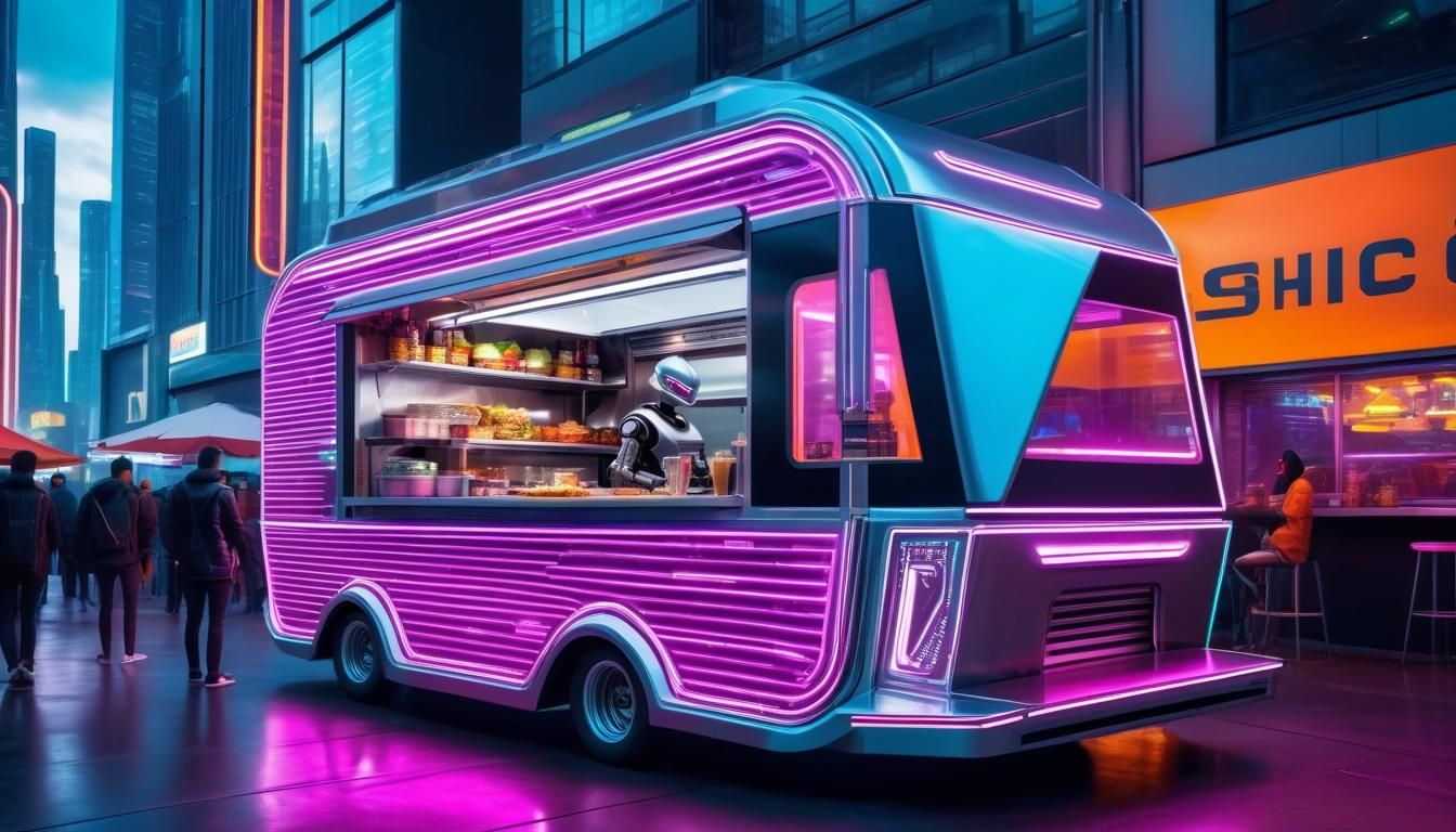 Futuristic Robot Food Truck in Cyberpunk Cityscape