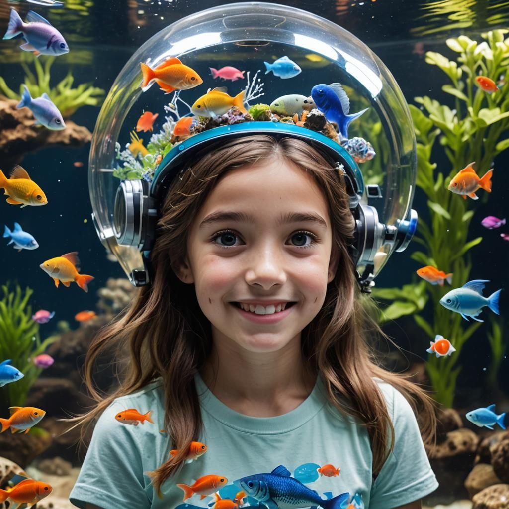 Girl with Aquarium Helmet in Sunny Park