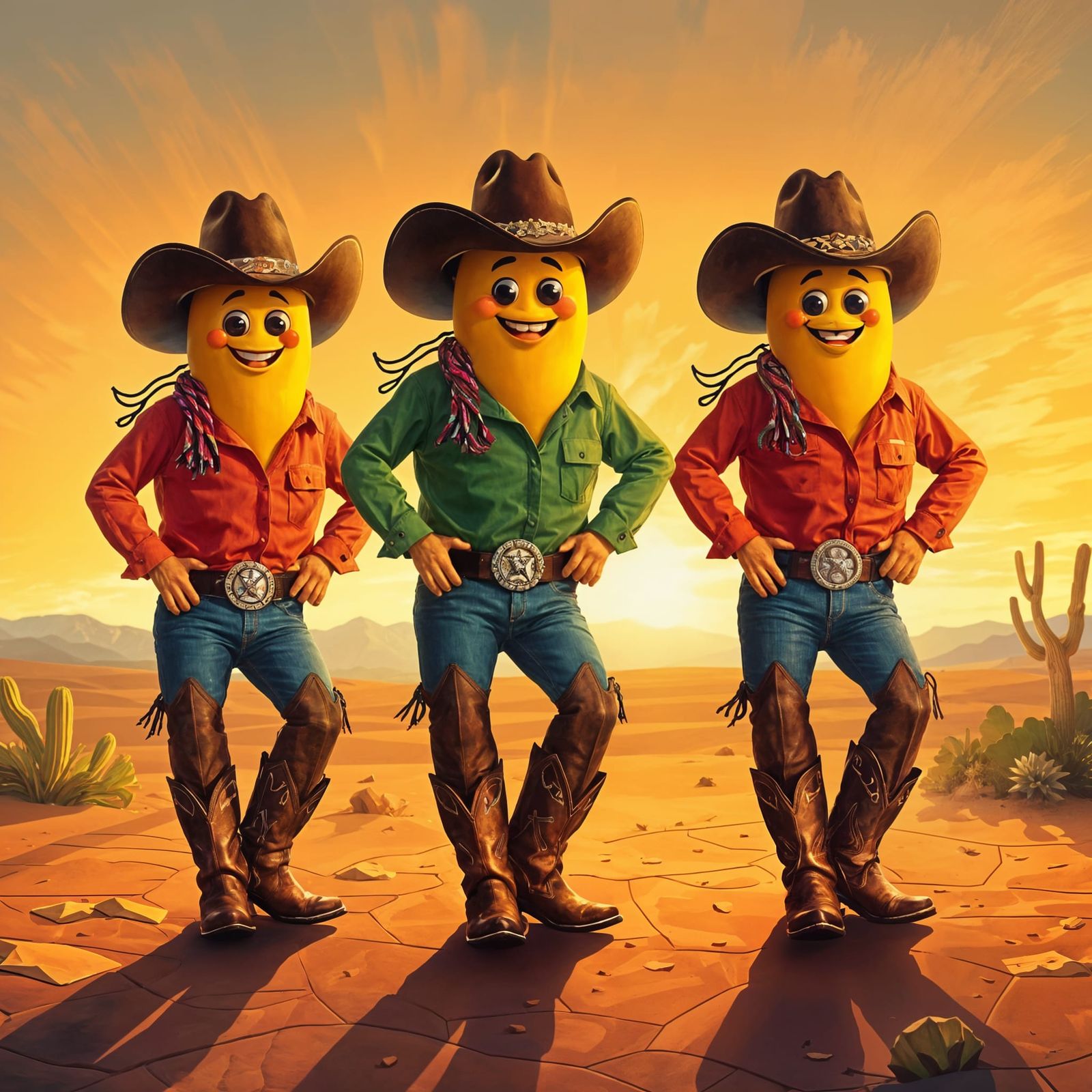 Vibrant Cowboy Bananas Dancing Under Golden Hour
