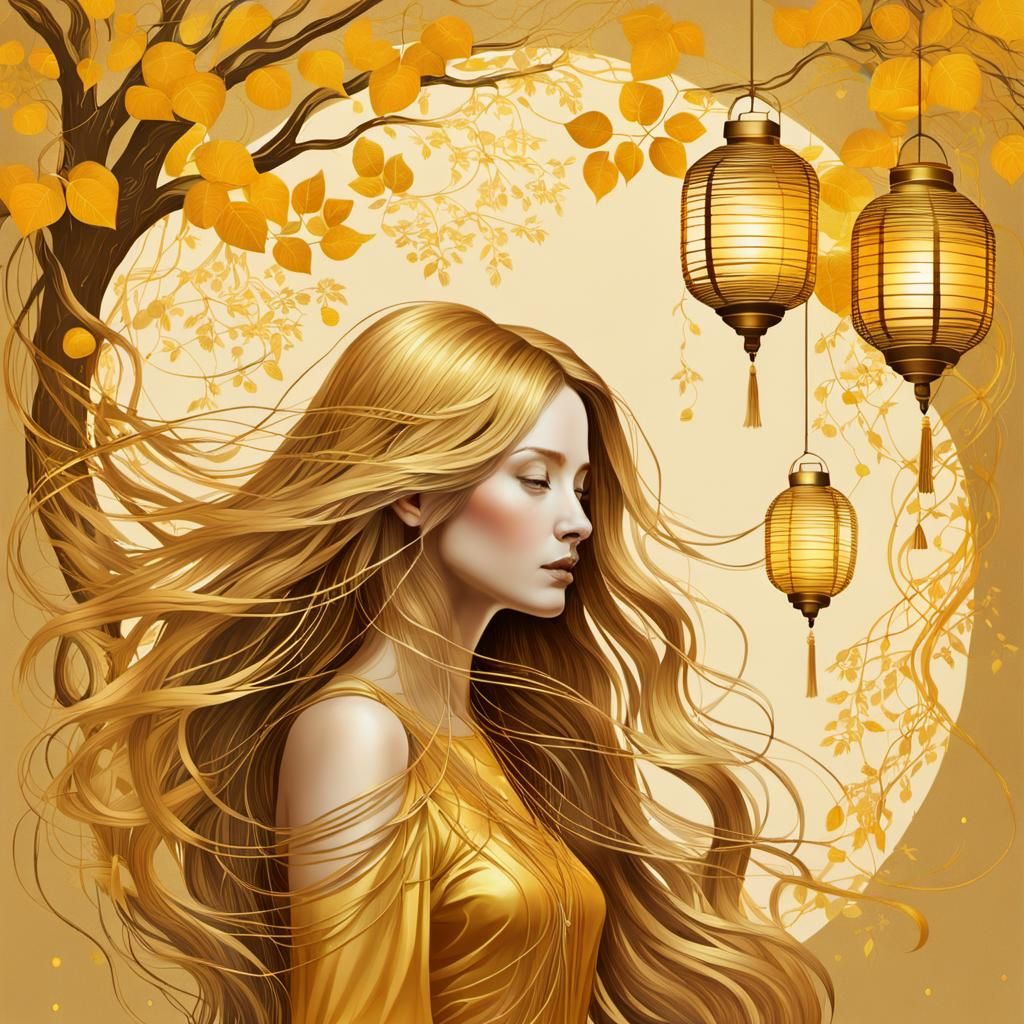 Golden Woman with Tangled Hair and Tree Illustration