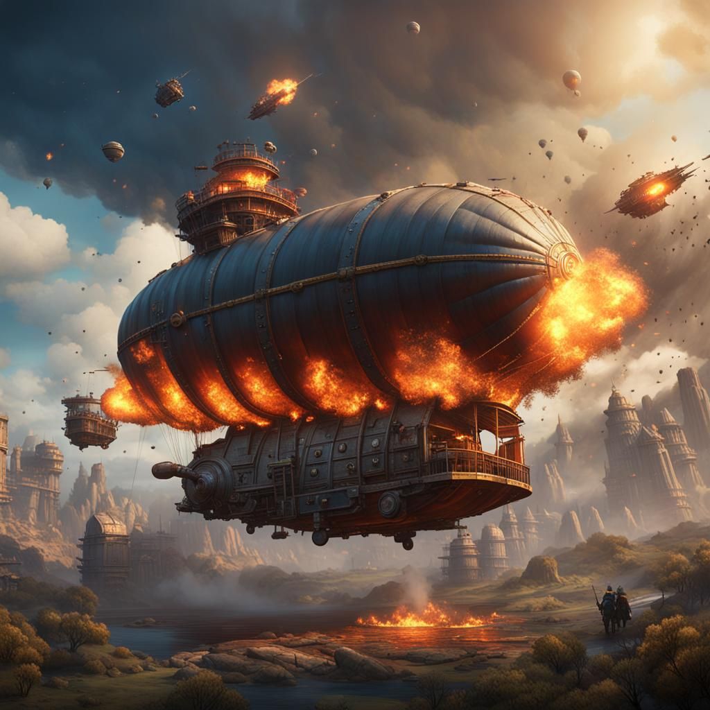 Dieselpunk Blimp Battle with Cannons and Explosions