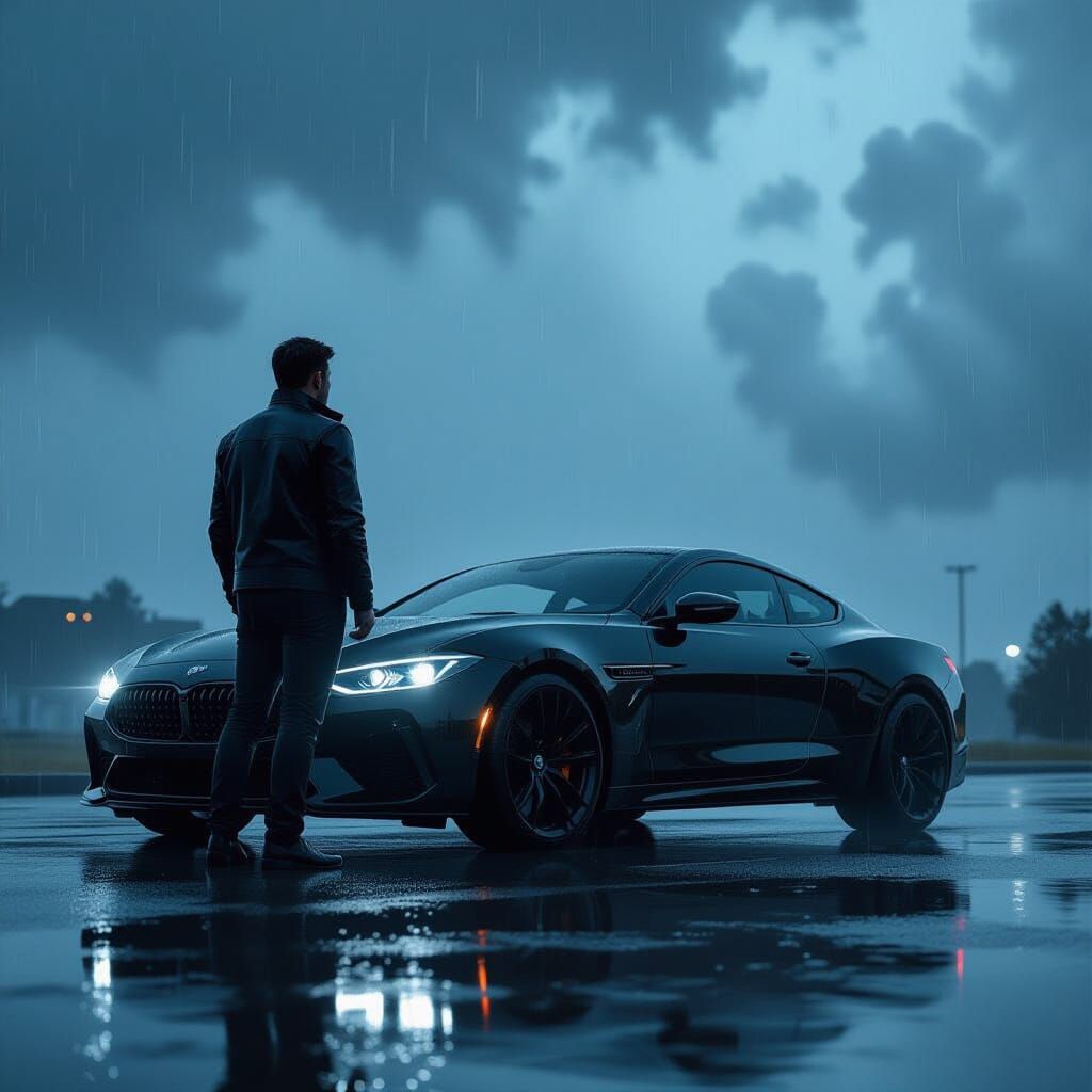 Man in Black Car Stands in Stormy Rain