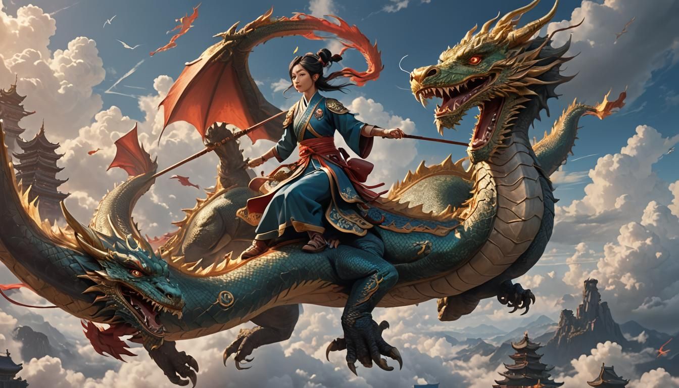 Chinese Woman Riding Dragon in Anime Style