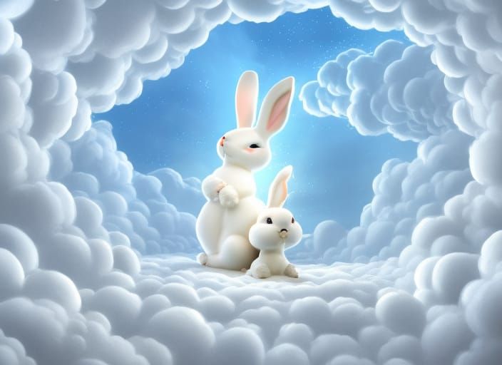 Ethereal Bunnies Gazing at Sunlight in Clouds