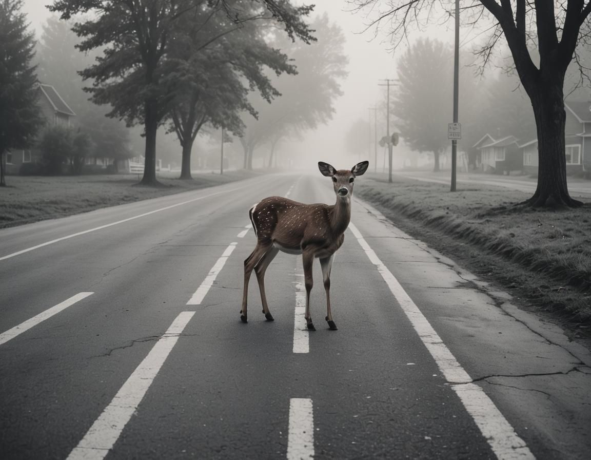 Doe on Crosswalk in Misty Morning Light