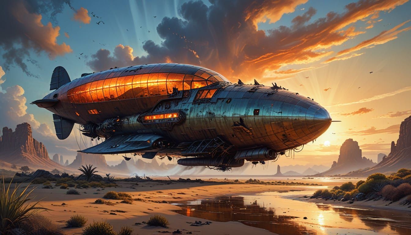 Dieselpunk Explorer Discovers Crashed Zeppelin Oil Painting