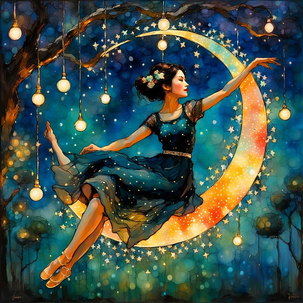 Edwardian Woman on Swing in Whimsical Garden