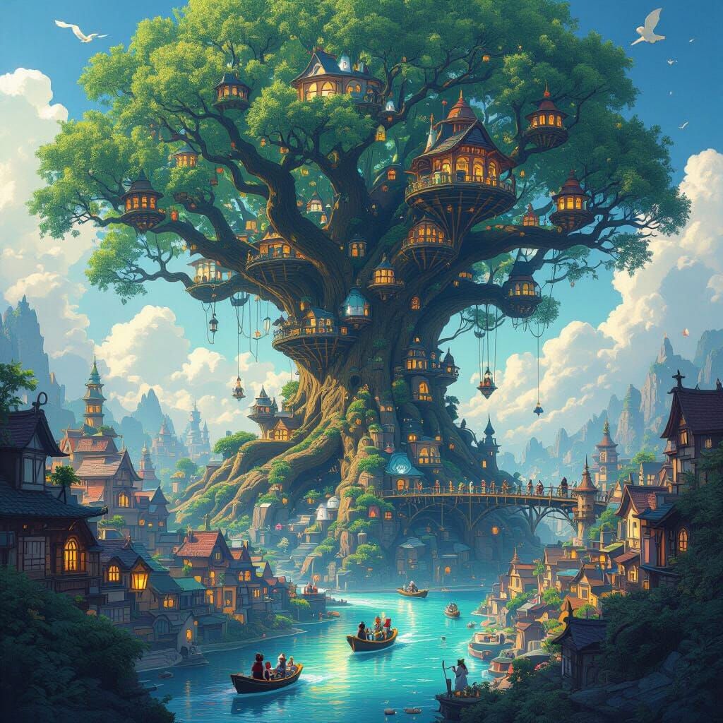 Steampunk Cat City in Giant Tree, Miyazaki Style