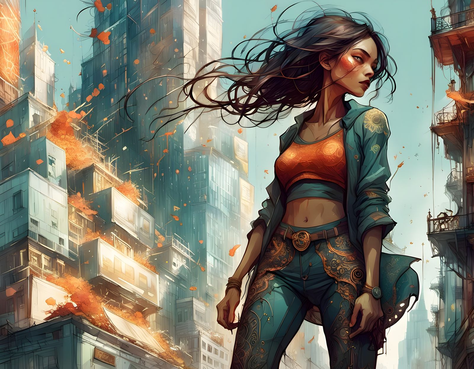 Dynamic Woman in Cityscape Digital Painting