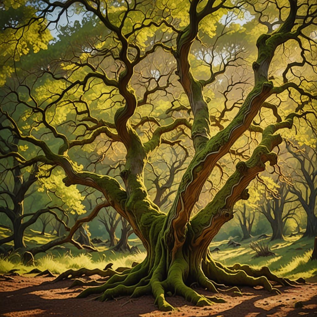 Mossy Elm in Forest: An Impressionist Landscape