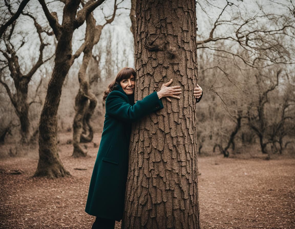 Woman Embracing a Tree in Nature