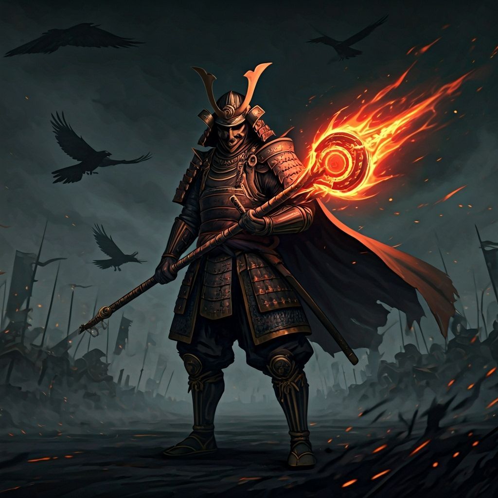 Samurai Warrior Wields Glowing Chakram on Misty Battlefield