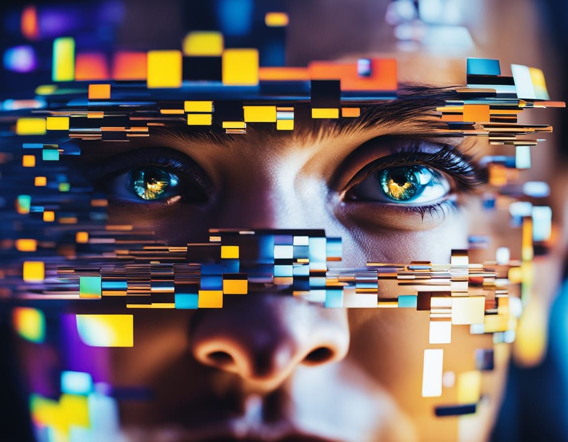 Glitched Supermodel Portrait with Digital Scrambling Effects