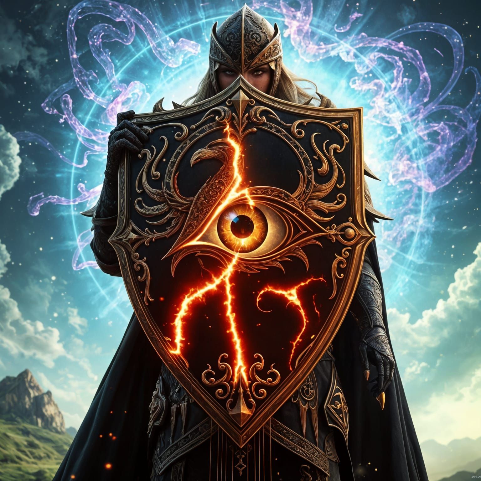 Ethereal Gothic Knight in Black-and-Gold Armor with Radiant ...