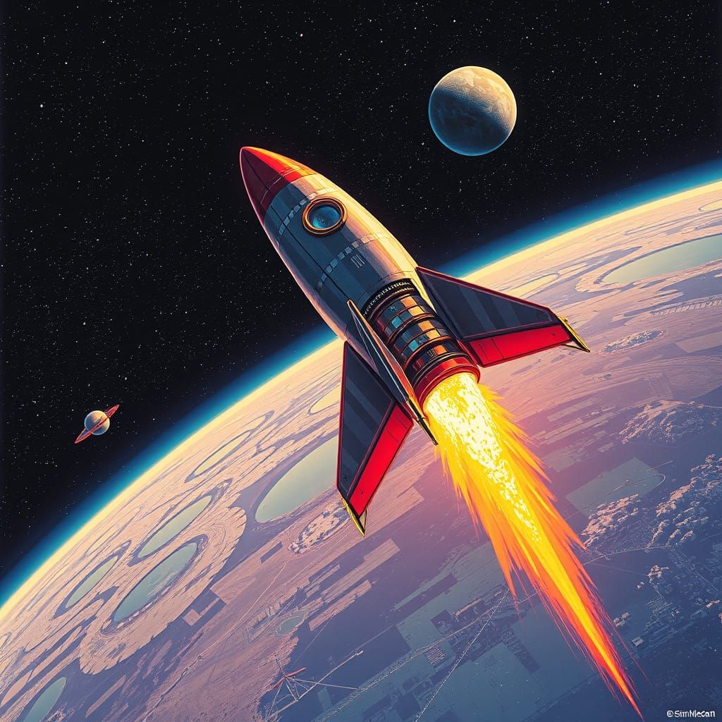 Rocket in Cosmic Orbit, Inspired by Syd Mead's Futuristic Vi...